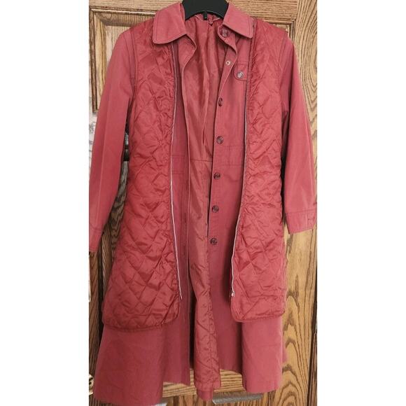Vintage 80s Retro Dusty Rose Pink Plaid Lined Midi Trench Coat w/ Over-Vest PS - Picture 12 of 12